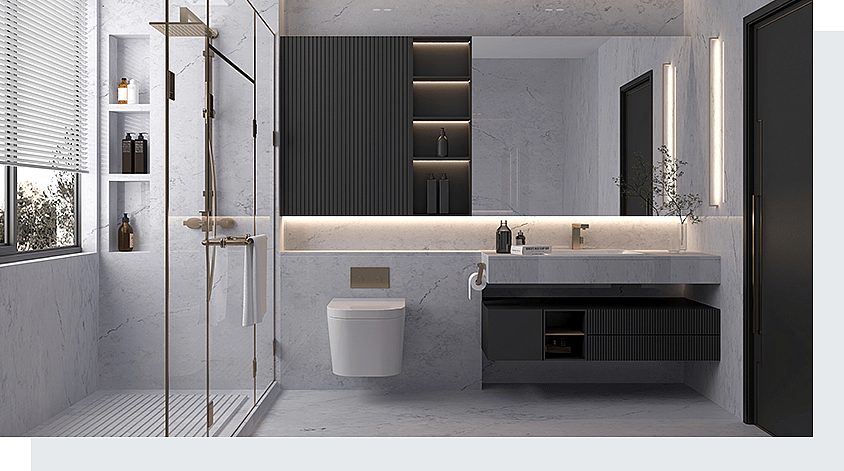 Descubre los cinco estilos de cuarzo Calacatta perfectos para baños de lujo 4 Superficies de cuarzo PMC1313