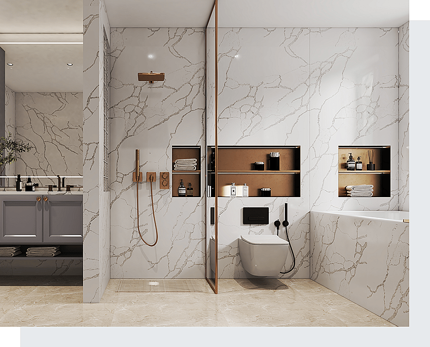 Descubre los cinco estilos de cuarzo Calacatta perfectos para baños de lujo 2 Superficies de cuarzo PMC1634