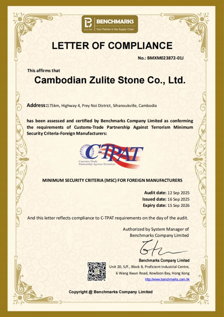 Cambodian Zulite Stone – Carta de Cumplimiento C-TPAT