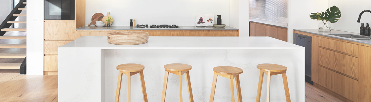 White Quartz Countertops with Wooden Cabinet