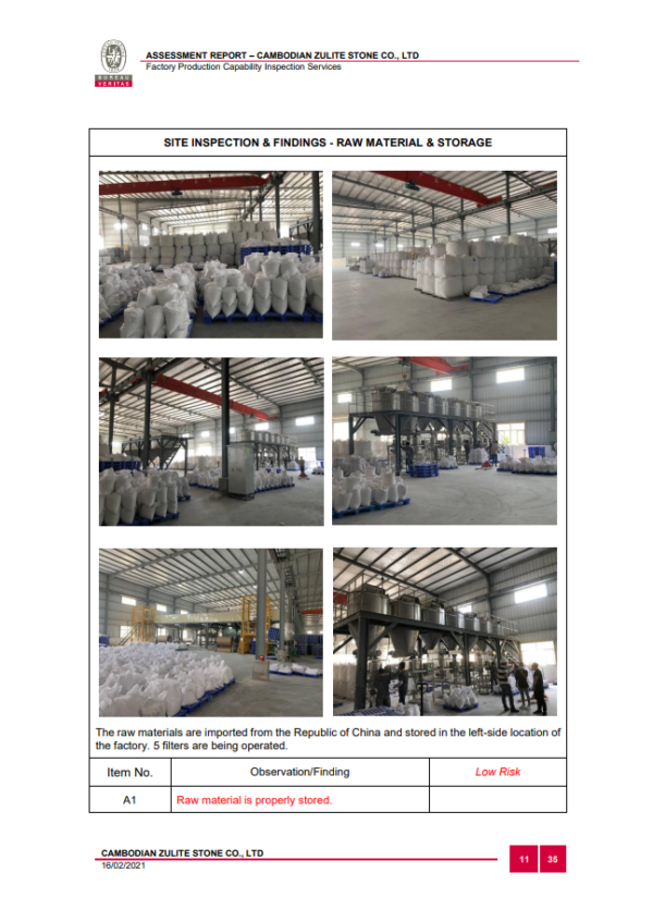 Bureau Veritas (BV) Inspection and Assessment Report Cover on the Stone Factory Production Capacity of the Cambodia Zulite Stone(Partial)
