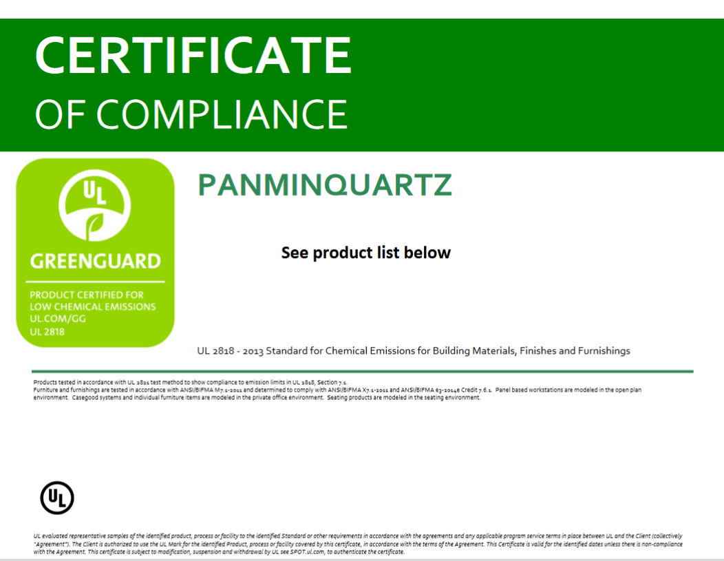 La Portada de la Certificación GREENGUARD para PANMINQUARTZ