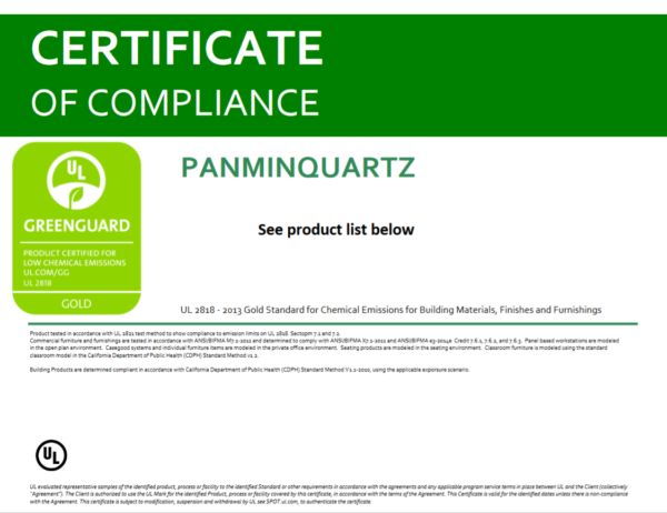 Portada de la Certificación GREENGUARD GOLD para PANMINQUARTZ