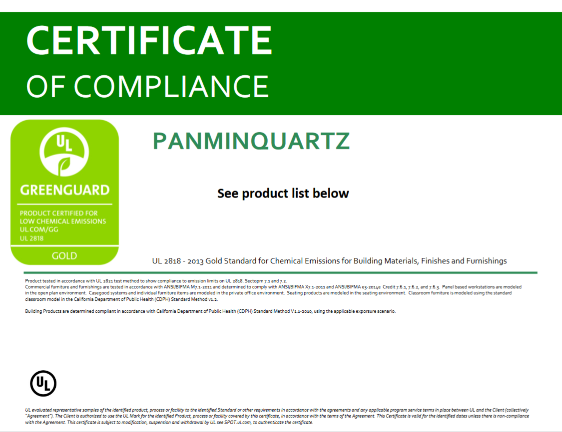 Portada de la Certificación GREENGUARD GOLD para PANMINQUARTZ